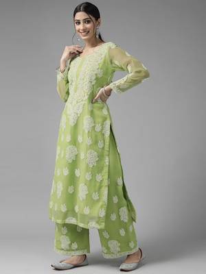 Ada Hand Embroidered Grass Green Georgette Lucknowi Chikankari Women Unstitched Suit Piece - A211216 3