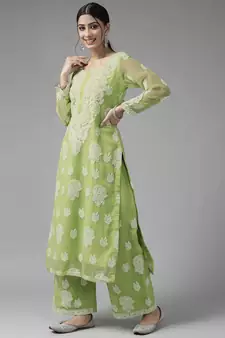 Ada Hand Embroidered Grass Green Georgette Lucknowi Chikankari Women Unstitched Suit Piece - A211216