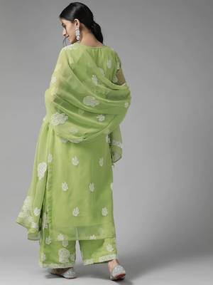 Ada Hand Embroidered Grass Green Georgette Lucknowi Chikankari Women Unstitched Suit Piece - A211216 4