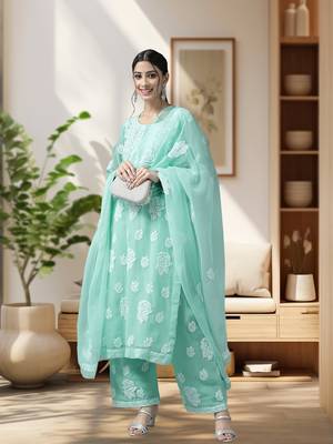 Hand Embroidered Sea Green Georgette Lucknowi Chikankari Women Unstitched Suit Piece 1