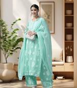 Hand Embroidered Sea Green Georgette Lucknowi Chikankari Women Unstitched Suit Piece