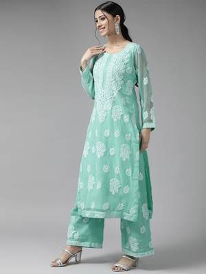 Hand Embroidered Sea Green Georgette Lucknowi Chikankari Women Unstitched Suit Piece 3