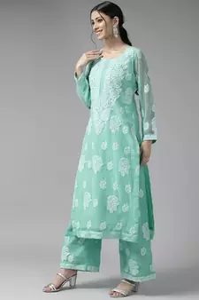 Hand Embroidered Sea Green Georgette Lucknowi Chikankari Women Unstitched Suit Piece