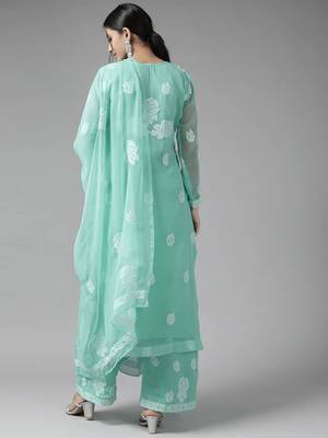 Hand Embroidered Sea Green Georgette Lucknowi Chikankari Women Unstitched Suit Piece 4