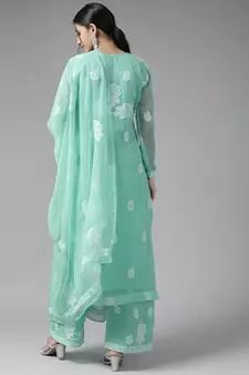 Hand Embroidered Sea Green Georgette Lucknowi Chikankari Women Unstitched Suit Piece