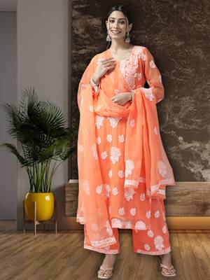 Hand Embroidered Orange Georgette Lucknowi Chikankari Women Unstitched Suit Piece 1