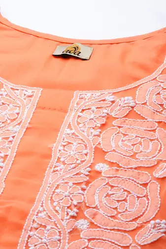 Hand Embroidered Orange Georgette Lucknowi Chikankari Women Unstitched Suit Piece