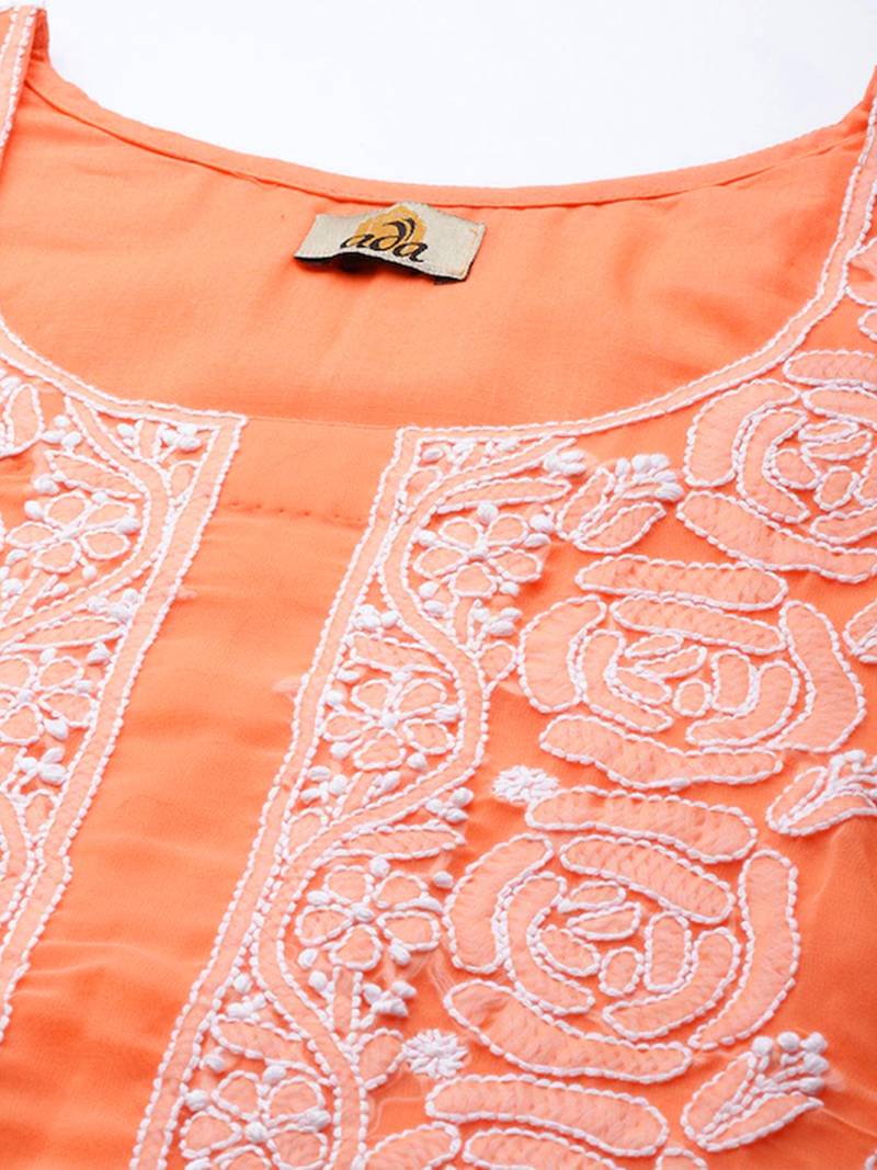 Hand Embroidered Orange Georgette Lucknowi Chikankari Women Unstitched Suit Piece