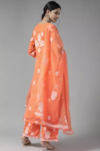 Hand Embroidered Orange Georgette Lucknowi Chikankari Women Unstitched Suit Piece