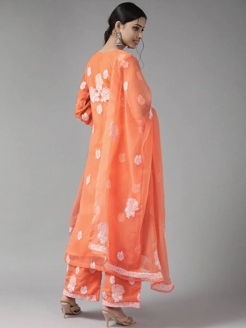 Hand Embroidered Orange Georgette Lucknowi Chikankari Women Unstitched Suit Piece