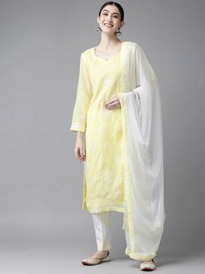 Ada Hand Embroidered Lemon Cotton Lucknowi Chikankari Women Unstitched Suit Piece - A211209 1