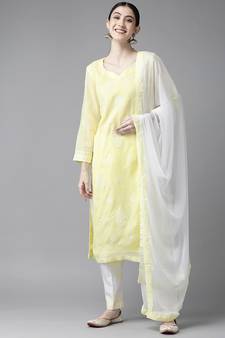 Ada Hand Embroidered Lemon Cotton Lucknowi Chikankari Women Unstitched Suit Piece - A211209