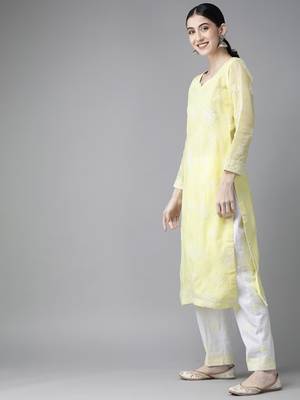 Ada Hand Embroidered Lemon Cotton Lucknowi Chikankari Women Unstitched Suit Piece - A211209 3
