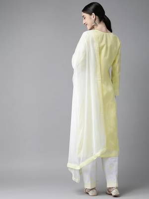 Ada Hand Embroidered Lemon Cotton Lucknowi Chikankari Women Unstitched Suit Piece - A211209 4