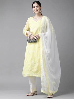 Ada Hand Embroidered Lemon Cotton Lucknowi Chikankari Women Unstitched Suit Piece - A211209 5