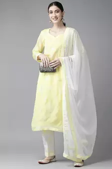 Ada Hand Embroidered Lemon Cotton Lucknowi Chikankari Women Unstitched Suit Piece - A211209