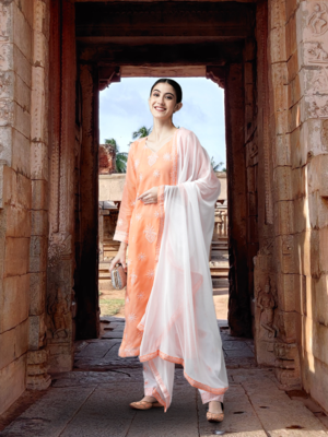 Ada Hand Embroidered Peach Cotton Lucknowi Chikankari Women Unstitched Suit Piece - A211200 1
