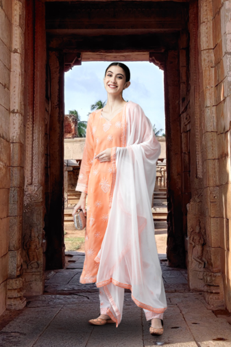 Ada Hand Embroidered Peach Cotton Lucknowi Chikankari Women Unstitched Suit Piece - A211200