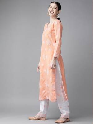 Ada Hand Embroidered Peach Cotton Lucknowi Chikankari Women Unstitched Suit Piece - A211200 3