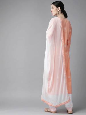 Ada Hand Embroidered Peach Cotton Lucknowi Chikankari Women Unstitched Suit Piece - A211200 4