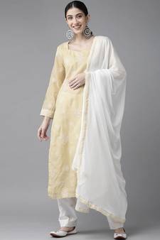 Ada Hand Embroidered Fawn Cotton Lucknowi Chikankari Women Unstitched Suit Piece - A211205