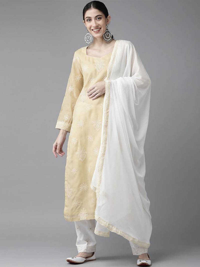 Ada Hand Embroidered Fawn Cotton Lucknowi Chikankari Women Unstitched Suit Piece - A211205