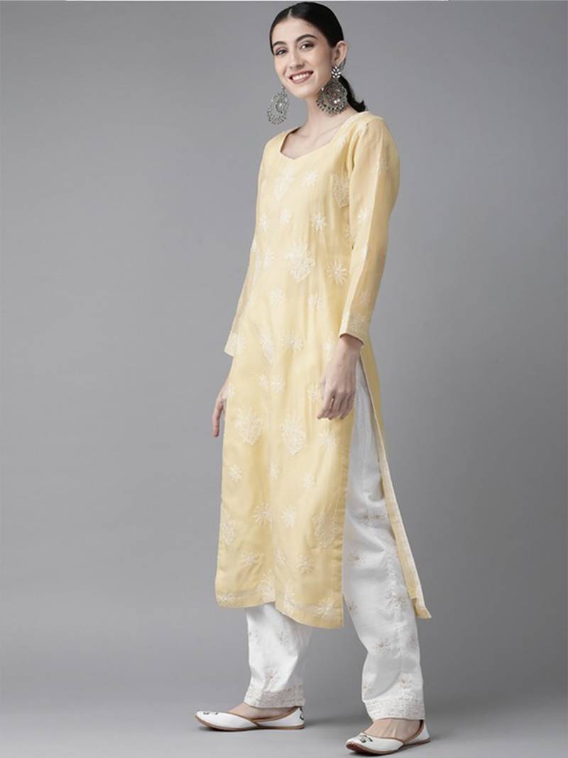 Ada Hand Embroidered Fawn Cotton Lucknowi Chikankari Women Unstitched Suit Piece - A211205