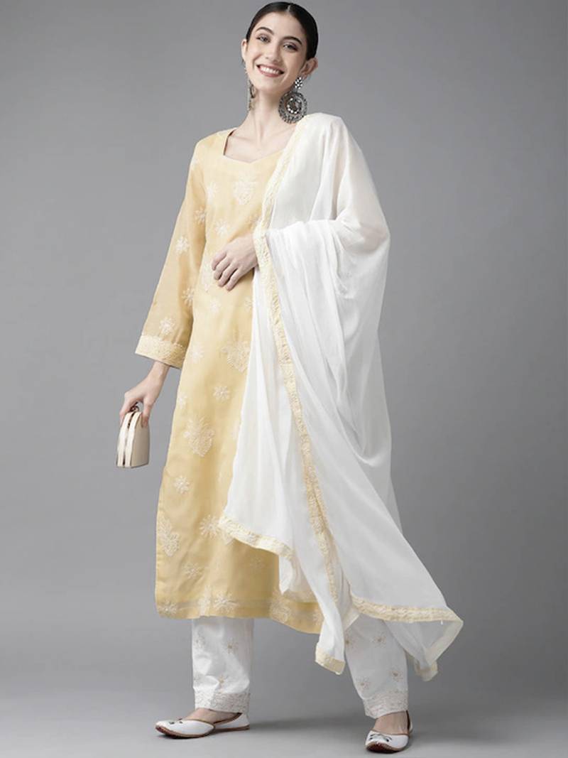 Ada Hand Embroidered Fawn Cotton Lucknowi Chikankari Women Unstitched Suit Piece - A211205