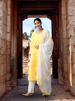 Ada Hand Embroidered Yellow Cotton Lucknowi Chikankari Women Unstitched Suit Piece - A211207 1