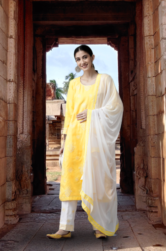 Ada Hand Embroidered Yellow Cotton Lucknowi Chikankari Women Unstitched Suit Piece - A211207