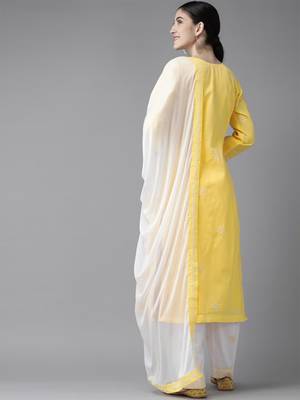 Ada Hand Embroidered Yellow Cotton Lucknowi Chikankari Women Unstitched Suit Piece - A211207 4