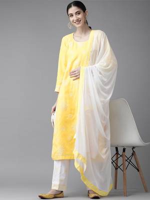 Ada Hand Embroidered Yellow Cotton Lucknowi Chikankari Women Unstitched Suit Piece - A211207 5