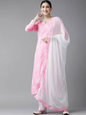 Ada Hand Embroidered Pink/White Cotton Lucknowi Chikankari Women Unstitched Suit Piece - A211203 1