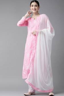 Ada Hand Embroidered Pink/White Cotton Lucknowi Chikankari Women Unstitched Suit Piece - A211203