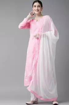 Ada Hand Embroidered Pink/White Cotton Lucknowi Chikankari Women Unstitched Suit Piece - A211203