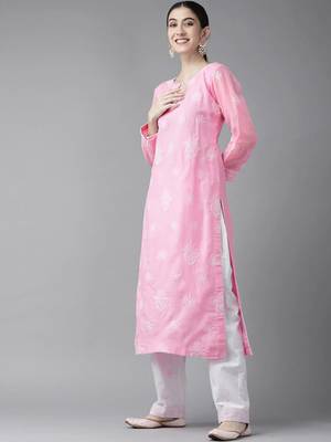Ada Hand Embroidered Pink/White Cotton Lucknowi Chikankari Women Unstitched Suit Piece - A211203 3