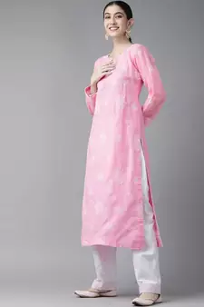 Ada Hand Embroidered Pink/White Cotton Lucknowi Chikankari Women Unstitched Suit Piece - A211203