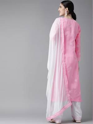 Ada Hand Embroidered Pink/White Cotton Lucknowi Chikankari Women Unstitched Suit Piece - A211203 4