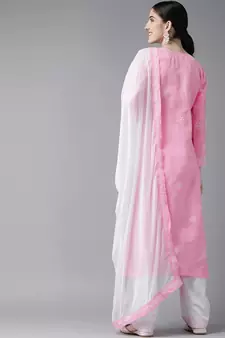 Ada Hand Embroidered Pink/White Cotton Lucknowi Chikankari Women Unstitched Suit Piece - A211203