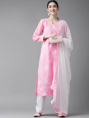 Ada Hand Embroidered Pink/White Cotton Lucknowi Chikankari Women Unstitched Suit Piece - A211203 5