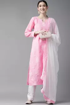 Ada Hand Embroidered Pink/White Cotton Lucknowi Chikankari Women Unstitched Suit Piece - A211203