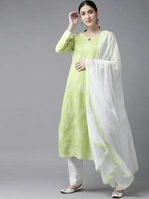 Ada Hand Embroidered Green/White Cotton Lucknowi Chikankari Women Unstitched Suit Piece - A211201 1