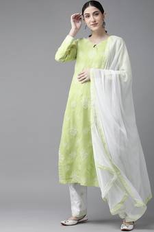 Ada Hand Embroidered Green/White Cotton Lucknowi Chikankari Women Unstitched Suit Piece - A211201