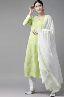 Ada Hand Embroidered Green/White Cotton Lucknowi Chikankari Women Unstitched Suit Piece - A211201