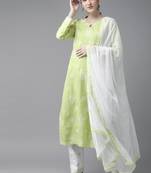 Ada Hand Embroidered Green/White Cotton Lucknowi Chikankari Women Unstitched Suit Piece - A211201