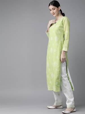 Ada Hand Embroidered Green/White Cotton Lucknowi Chikankari Women Unstitched Suit Piece - A211201 3