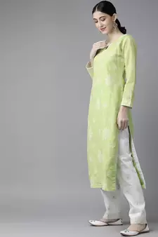 Ada Hand Embroidered Green/White Cotton Lucknowi Chikankari Women Unstitched Suit Piece - A211201