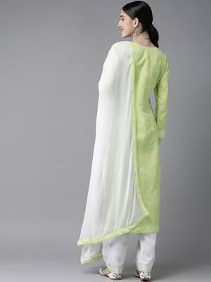 Ada Hand Embroidered Green/White Cotton Lucknowi Chikankari Women Unstitched Suit Piece - A211201 4