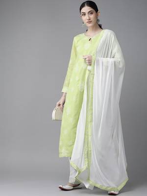Ada Hand Embroidered Green/White Cotton Lucknowi Chikankari Women Unstitched Suit Piece - A211201 5