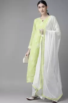 Ada Hand Embroidered Green/White Cotton Lucknowi Chikankari Women Unstitched Suit Piece - A211201